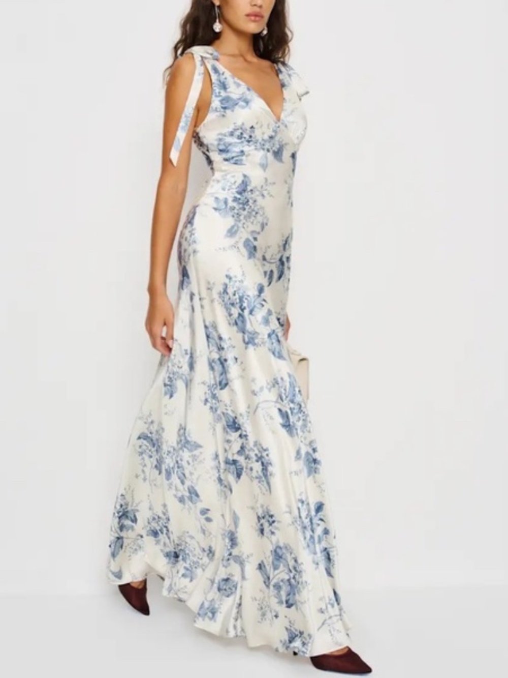 Reformation Pernille Blue White Floral Lupine Silk Maxi Dress Tie w/ Tags MEDIUM